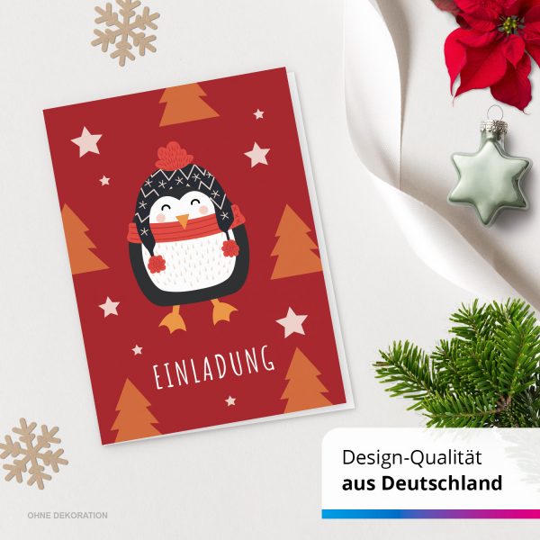 10 x Einladungskarten Klappkarten Weihnachten mit Umschlägen zur Weihnachtsfeier Motiv Pinguin mit Schal rot – Bild 4