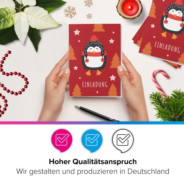 10 x Einladungskarten Klappkarten Weihnachten mit Umschlägen zur Weihnachtsfeier Motiv Pinguin mit Schal rot – Bild 5