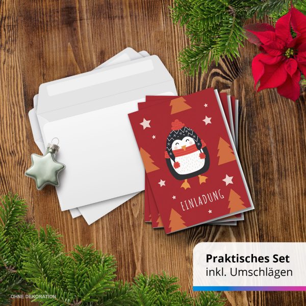 10 x Einladungskarten Klappkarten Weihnachten mit Umschlägen zur Weihnachtsfeier Motiv Pinguin mit Schal rot – Bild 7