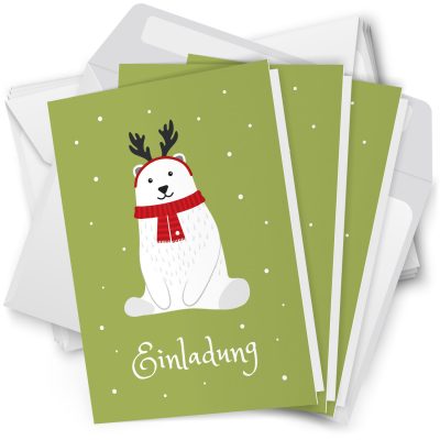 10 x Einladungskarten Klappkarten Weihnachten mit Umschlägen zur Weihnachtsfeier Motiv Eisbär sitzt im Schnee niedlich