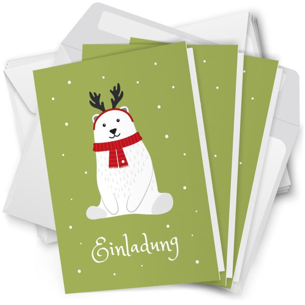 10 x Einladungskarten Klappkarten Weihnachten mit Umschlägen zur Weihnachtsfeier Motiv Eisbär sitzt im Schnee niedlich