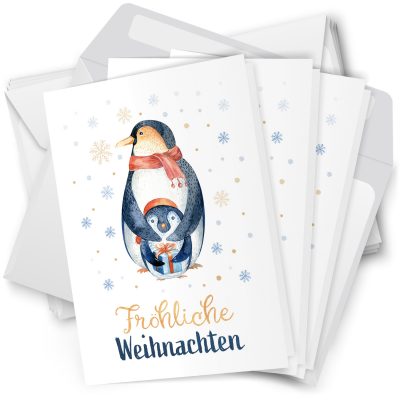 10 Weihnachtskarten Grußkarten zu Weihnachten - Klappkarten mit Umschlägen - Fröhliche Weihnachten Pinguine
