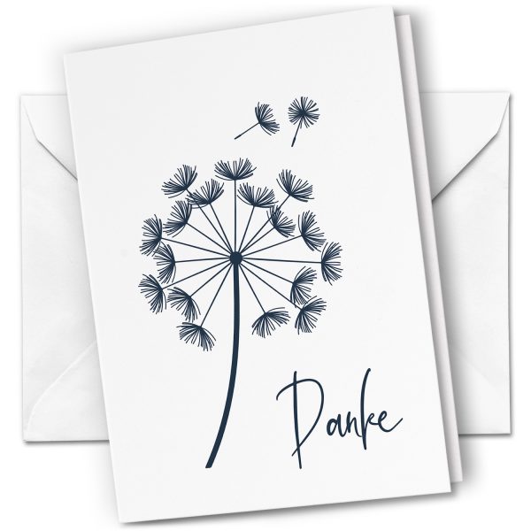 10 x Trauer Danksagungskarten Klappkarten mit Umschlag DIN A6, Trauerkarten Pusteblume dunkelblau auf weiss, Danke Sagen nach Beerdigung, Trauerfall