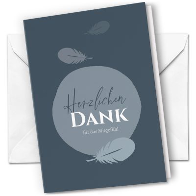 10 x Trauer Danksagungskarten Klappkarten mit Umschlag DIN A6, Trauerkarten Federn blau grau, Danke Sagen nach Beerdigung, Trauerfall