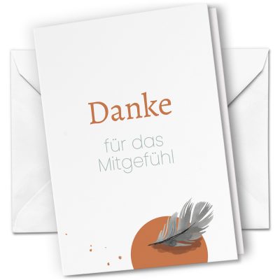10 x Trauer Danksagungskarten Klappkarten mit Umschlag DIN A6, Trauerkarten Feder orange, Danke Sagen nach Beerdigung, Trauerfall