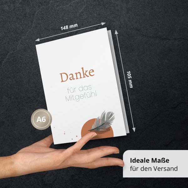 10 x Trauer Danksagungskarten Klappkarten mit Umschlag DIN A6, Trauerkarten Feder orange, Danke Sagen nach Beerdigung, Trauerfall – Bild 3