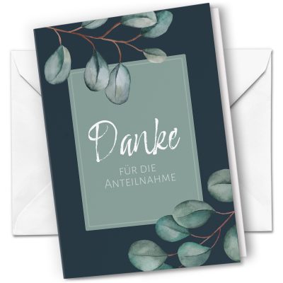10 x Trauer Danksagungskarten Klappkarten mit Umschlag DIN A6, Trauerkarten Eukalyptus Blau, Danke Sagen nach Beerdigung, Trauerfall
