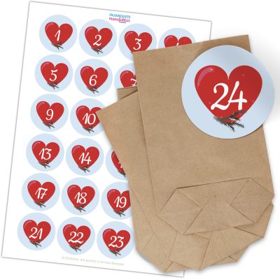 Adventskalender zum Befüllen mit 24 Tüten und 24 weihnachtlichen Zahlen Aufklebern (rotes Herz) für Weihnachten, Advent, kleine Geschenke