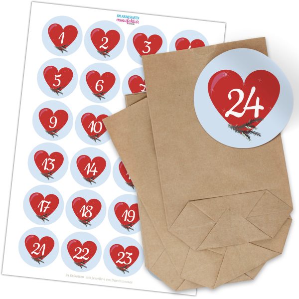Adventskalender zum Befüllen mit 24 Tüten und 24 weihnachtlichen Zahlen Aufklebern (rotes Herz) für Weihnachten, Advent, kleine Geschenke