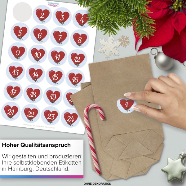 Adventskalender zum Befüllen mit 24 Tüten und 24 weihnachtlichen Zahlen Aufklebern (rotes Herz) für Weihnachten, Advent, kleine Geschenke – Bild 4
