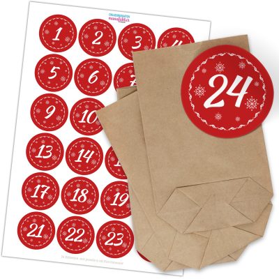 Adventskalender zum Befüllen mit 24 Tüten und 24 weihnachtlichen Zahlen Aufklebern (rot) für Weihnachten, Advent, kleine Geschenke