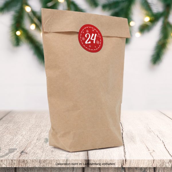 Adventskalender zum Befüllen mit 24 Tüten und 24 weihnachtlichen Zahlen Aufklebern (rot) für Weihnachten, Advent, kleine Geschenke – Bild 2