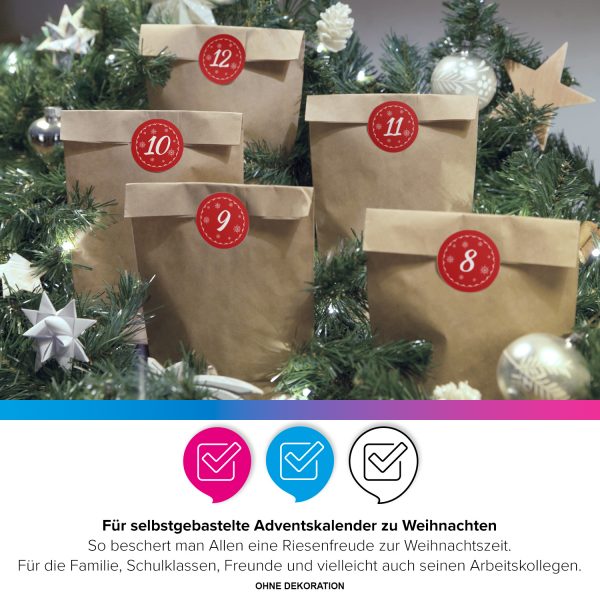 Adventskalender zum Befüllen mit 24 Tüten und 24 weihnachtlichen Zahlen Aufklebern (rot) für Weihnachten, Advent, kleine Geschenke – Bild 3