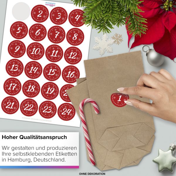 Adventskalender zum Befüllen mit 24 Tüten und 24 weihnachtlichen Zahlen Aufklebern (rot) für Weihnachten, Advent, kleine Geschenke – Bild 4