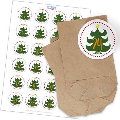Adventskalender zum Befüllen mit 24 Tüten und 24 weihnachtlichen Zahlen Aufklebern (Grüne Tanne) für Weihnachten, Advent, kleine Geschenke