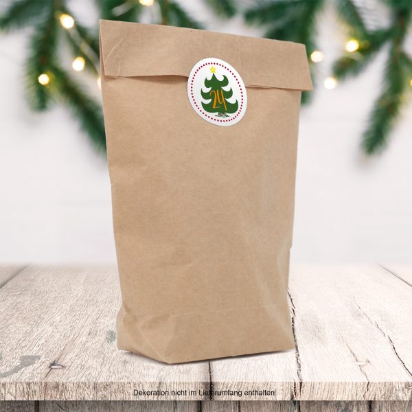 Adventskalender zum Befüllen mit 24 Tüten und 24 weihnachtlichen Zahlen Aufklebern (Grüne Tanne) für Weihnachten, Advent, kleine Geschenke – Bild 2