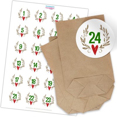 Adventskalender zum Befüllen mit 24 Tüten und 24 weihnachtlichen Zahlen Aufklebern für Weihnachten, Advent, kleine Geschenke