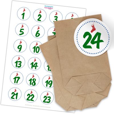 Adventskalender zum Befüllen mit 24 Tüten und 24 weihnachtlichen Zahlen Aufklebern für Weihnachten, Advent, kleine Geschenke