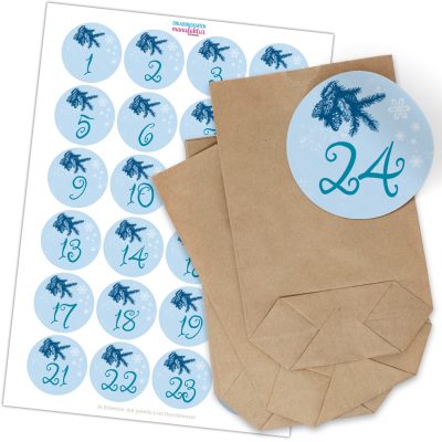 Adventskalender zum Befüllen mit 24 Tüten und 24 weihnachtlichen Zahlen Aufklebern für Weihnachten, Advent, kleine Geschenke