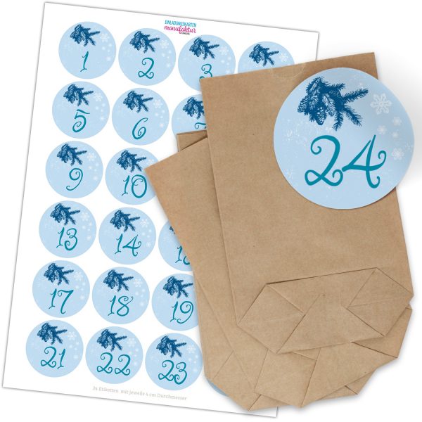 Adventskalender zum Befüllen mit 24 Tüten und 24 weihnachtlichen Zahlen Aufklebern für Weihnachten, Advent, kleine Geschenke