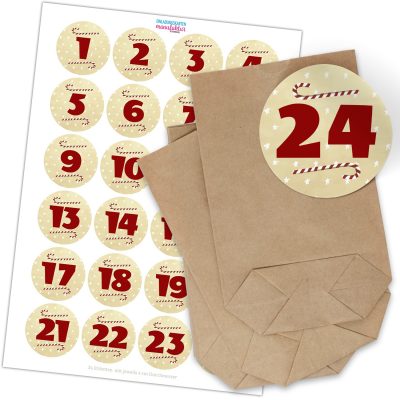 Adventskalender zum Befüllen (Sterne mit Zuckerstangen) mit 24 Tüten und 24 weihnachtlichen Zahlen Aufklebern für Weihnachten, Advent, kleine Geschenke