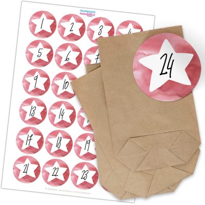Adventskalender zum Befüllen (Stern rot) mit 24 Tüten und 24 weihnachtlichen Zahlen Aufklebern für Weihnachten, Advent, kleine Geschenke