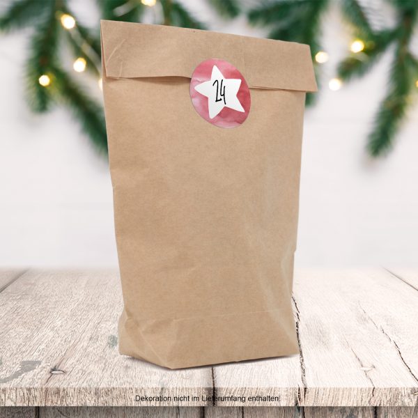 Adventskalender zum Befüllen (Stern rot) mit 24 Tüten und 24 weihnachtlichen Zahlen Aufklebern für Weihnachten, Advent, kleine Geschenke – Bild 2