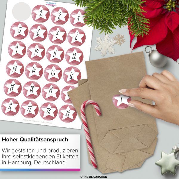 Adventskalender zum Befüllen (Stern rot) mit 24 Tüten und 24 weihnachtlichen Zahlen Aufklebern für Weihnachten, Advent, kleine Geschenke – Bild 4