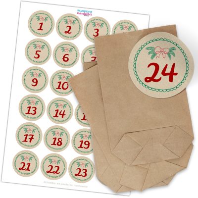 Adventskalender zum Befüllen (Vintage Karton Look) mit 24 Tüten und 24 weihnachtlichen Zahlen Aufklebern für Weihnachten, Advent, kleine Geschenke