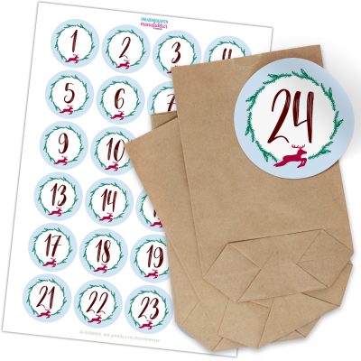 Adventskalender zum Befüllen (Modern) mit 24 Tüten und 24 weihnachtlichen Zahlen Aufklebern für Weihnachten, Advent, kleine Geschenke