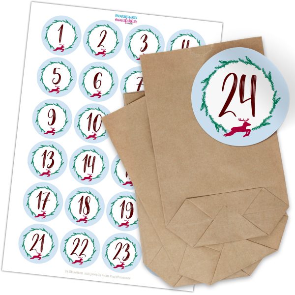 Adventskalender zum Befüllen (Modern) mit 24 Tüten und 24 weihnachtlichen Zahlen Aufklebern für Weihnachten, Advent, kleine Geschenke