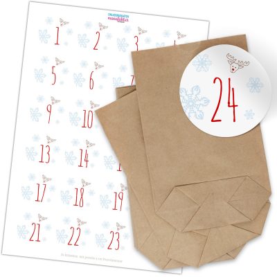 Adventskalender zum Befüllen (Rentier Schneeflocken) mit 24 Tüten und 24 weihnachtlichen Zahlen Aufklebern für Weihnachten, Advent, kleine Geschenke