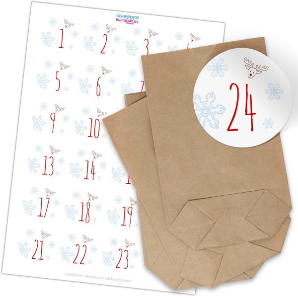Adventskalender zum Befüllen (Rentier Schneeflocken) mit 24 Tüten und 24 weihnachtlichen Zahlen Aufklebern für Weihnachten, Advent, kleine Geschenke