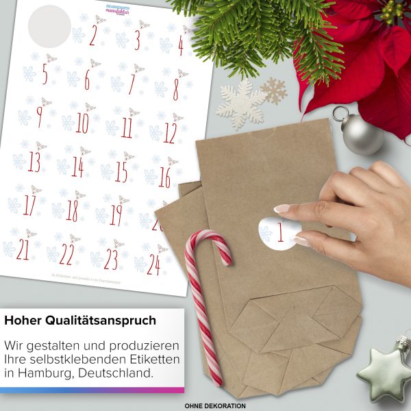Adventskalender zum Befüllen (Rentier Schneeflocken) mit 24 Tüten und 24 weihnachtlichen Zahlen Aufklebern für Weihnachten, Advent, kleine Geschenke – Bild 4