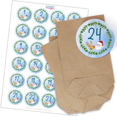 Adventskalender zum Befüllen (Weihnachtsmann und Rentier) mit 24 Tüten und 24 weihnachtlichen Zahlen Aufklebern für Weihnachten, Advent, kleine Geschenke
