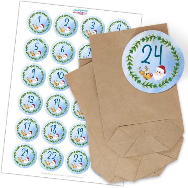 Adventskalender zum Befüllen (Weihnachtsmann und Rentier) mit 24 Tüten und 24 weihnachtlichen Zahlen Aufklebern für Weihnachten, Advent, kleine Geschenke