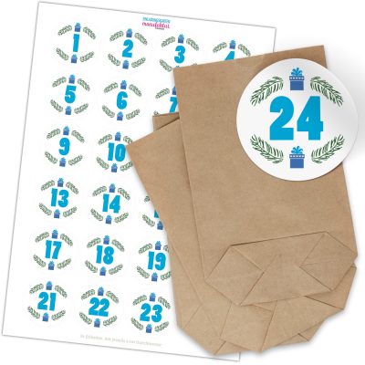 Adventskalender zum Befüllen (Modern Blaue Schrift) mit 24 Tüten und 24 weihnachtlichen Zahlen Aufklebern für Weihnachten, Advent, kleine Geschenke