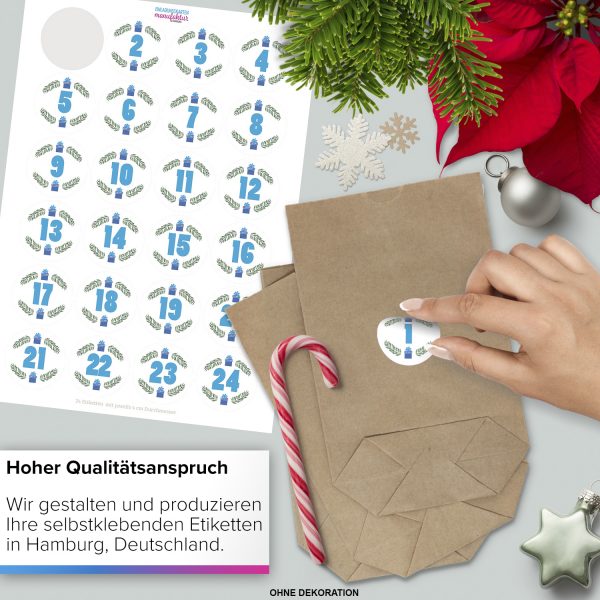 Adventskalender zum Befüllen (Modern Blaue Schrift) mit 24 Tüten und 24 weihnachtlichen Zahlen Aufklebern für Weihnachten, Advent, kleine Geschenke – Bild 4