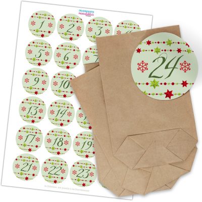 Adventskalender zum Befüllen (Vintage Grün) mit 24 Tüten und 24 weihnachtlichen Zahlen Aufklebern für Weihnachten, Advent, kleine Geschenke
