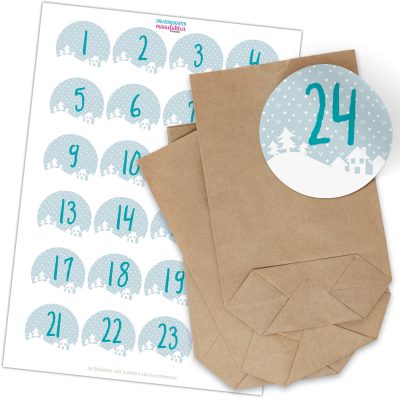 Adventskalender zum Befüllen (Schnee Landschaft) mit 24 Tüten und 24 weihnachtlichen Zahlen Aufklebern für Weihnachten, Advent, kleine Geschenke