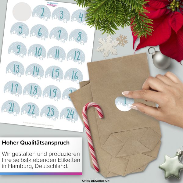 Adventskalender zum Befüllen (Schnee Landschaft) mit 24 Tüten und 24 weihnachtlichen Zahlen Aufklebern für Weihnachten, Advent, kleine Geschenke – Bild 4