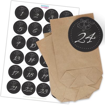 Adventskalender zum Befüllen (schwarz Kreidelook) mit 24 Tüten und 24 weihnachtlichen Zahlen Aufklebern für Weihnachten, Advent, kleine Geschenke