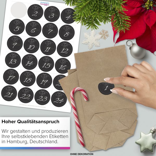 Adventskalender zum Befüllen (schwarz Kreidelook) mit 24 Tüten und 24 weihnachtlichen Zahlen Aufklebern für Weihnachten, Advent, kleine Geschenke – Bild 4
