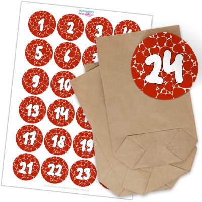 Adventskalender zum Befüllen (Herzchen) mit 24 Tüten und 24 weihnachtlichen Zahlen Aufklebern für Weihnachten, Advent, kleine Geschenke