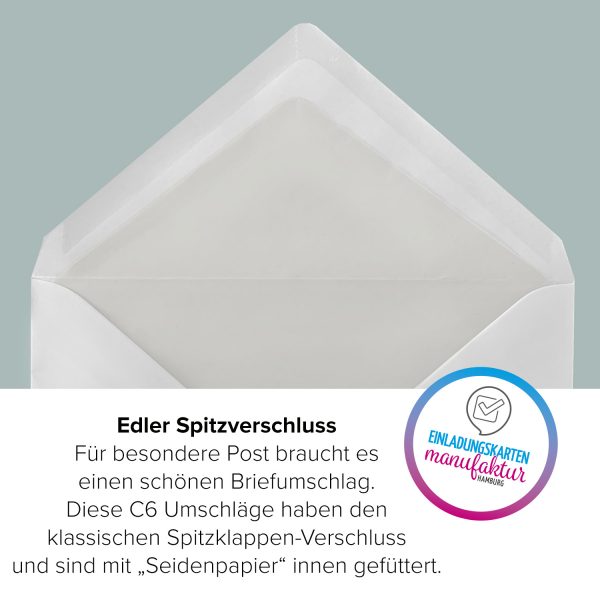 50 x Briefumschläge DIN C6 (114 x 162 mm), spitze Klappe, nassklebend NK ohne Fenster, weiß, 80 g/qm, Seidenfutter-Hülle – Bild 2