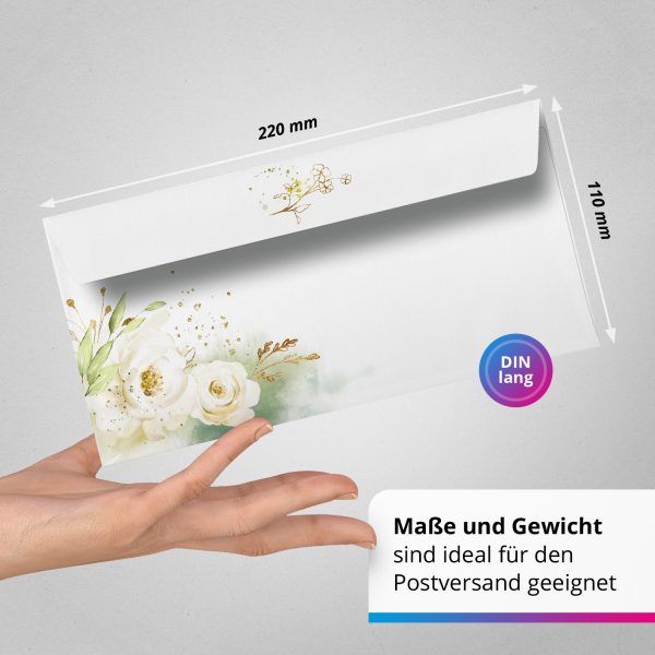 50 Briefumschläge DIN Lang | White Roses Weiße Rosen Romantisch | selbstklebend ohne Fenster | Brief-Umschlag mit Design-Motiv bedruckt | 90 g/m² – Bild 3