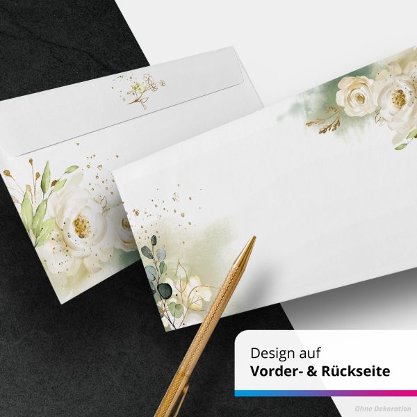50 Briefumschläge DIN Lang | White Roses Weiße Rosen Romantisch | selbstklebend ohne Fenster | Brief-Umschlag mit Design-Motiv bedruckt | 90 g/m² – Bild 4