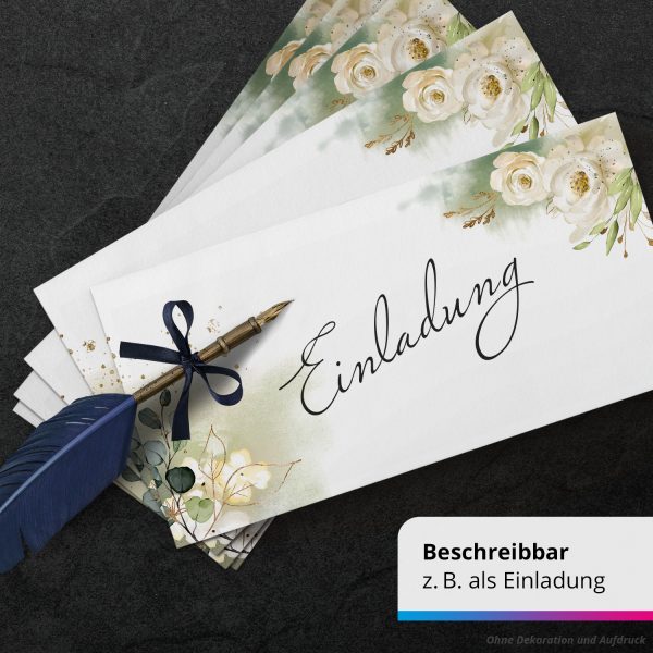 50 Briefumschläge DIN Lang | White Roses Weiße Rosen Romantisch | selbstklebend ohne Fenster | Brief-Umschlag mit Design-Motiv bedruckt | 90 g/m² – Bild 5