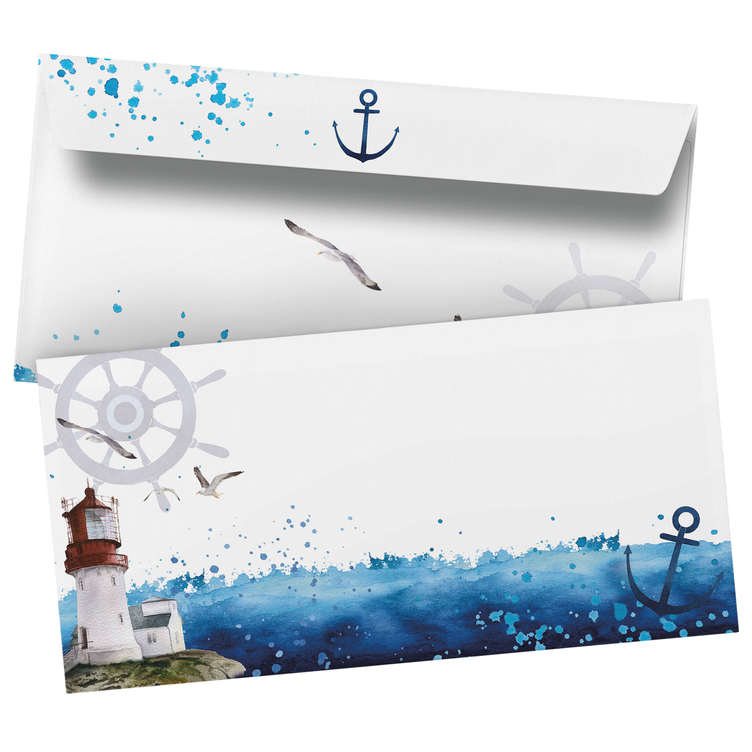 50 Briefumschläge DIN Lang | Nordsee Ostsee Leuchtturm Maritim | selbstklebend ohne Fenster | Brief-Umschlag mit Design-Motiv bedruckt | 90 g/m²