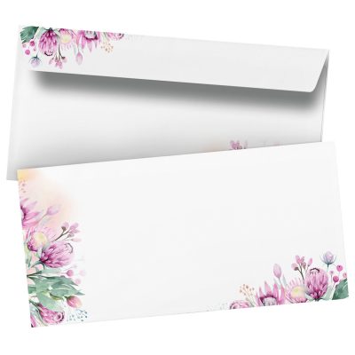 50 Briefumschläge DIN Lang | Rosa Blumen und Blüten | selbstklebend ohne Fenster | Brief-Umschlag mit Design-Motiv bedruckt | 90 g/m²